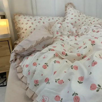 French Style Bedding Set Pastoral Colored Grape Double-layer Gauze Light Purple Washing Cotton Duvet Cover Bed Sheet Comforter